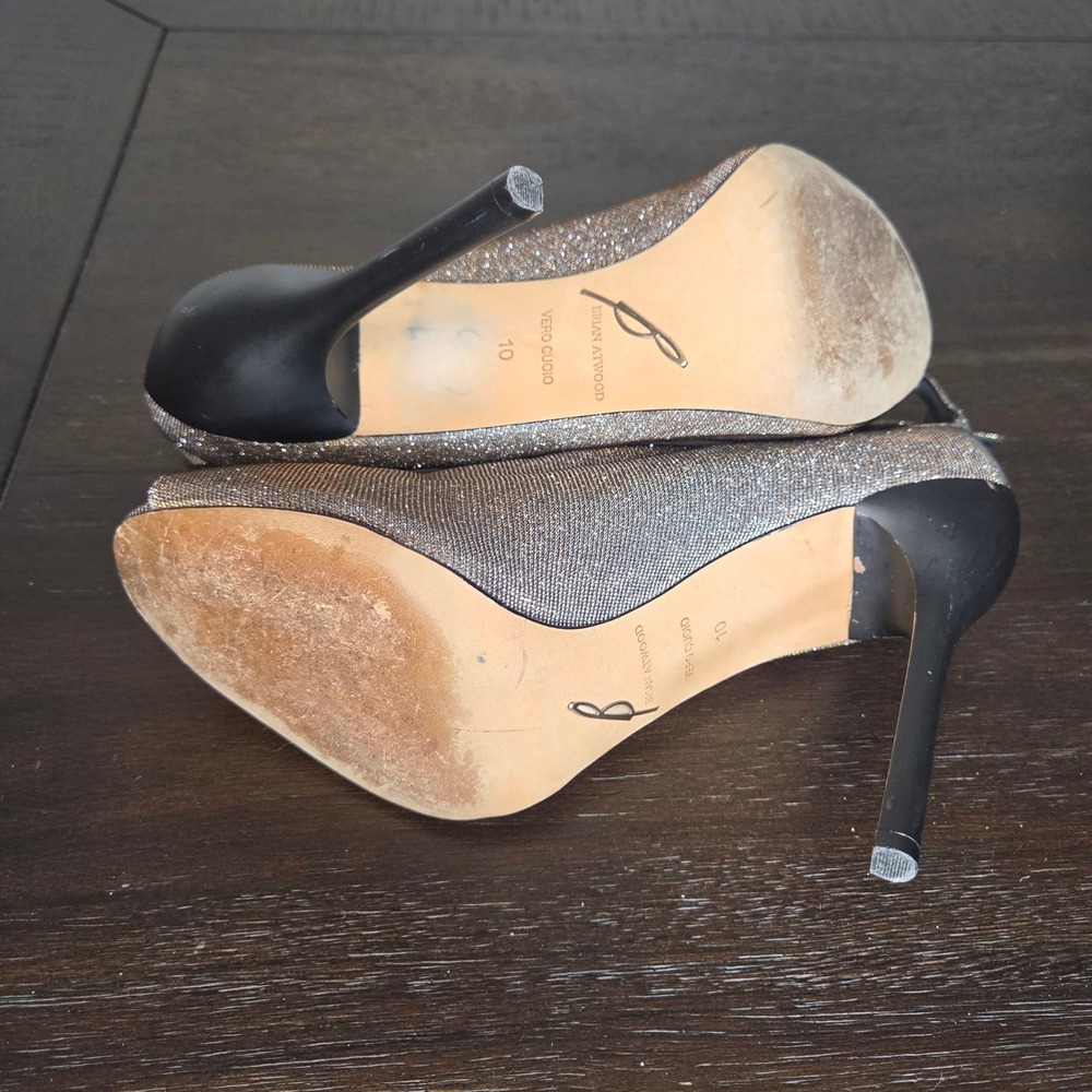 B Brian Atwood Glitter Metallic Stiletto Sandals 10 Peep Toe Evening Heels - Picture 5 of 11